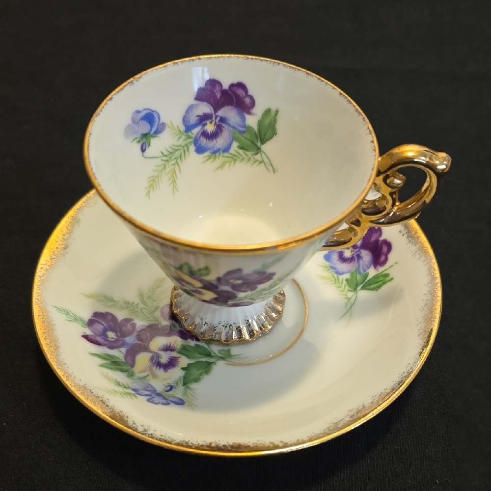 Norleans Japanese Pansies Footed Bone China Tea Cup & Saucer SAJI